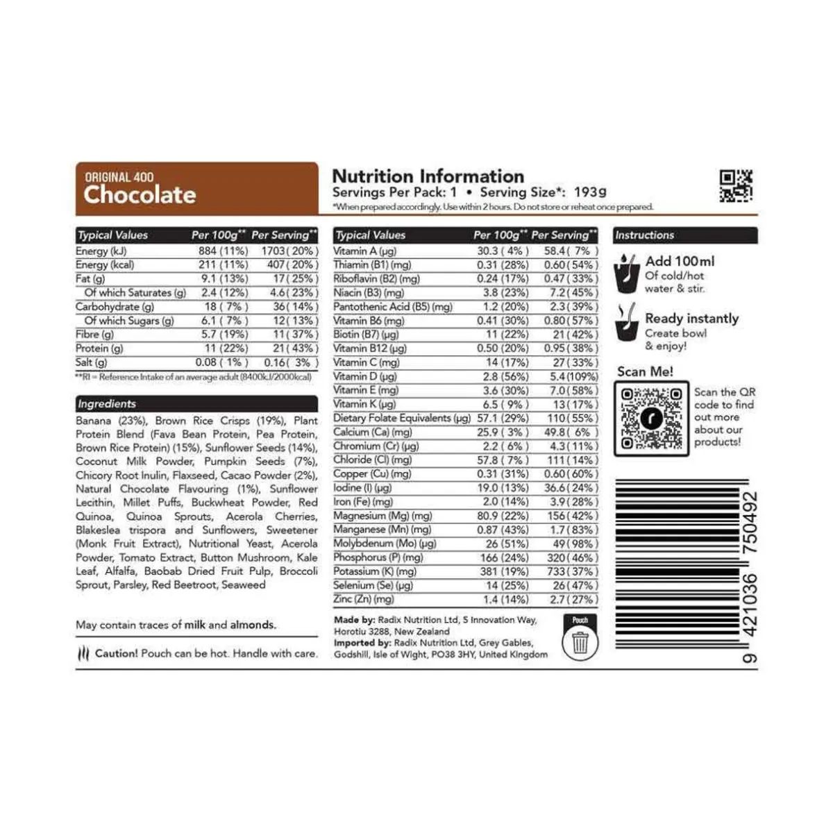Radix Nutrition Original Chocolate Breakfast - 400kcal
