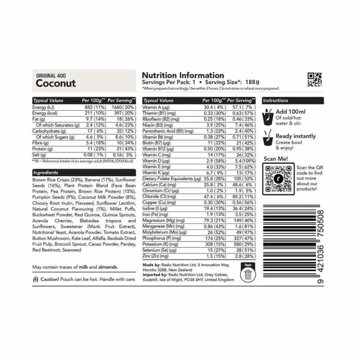 Radix Nutrition Original Coconut Breakfast - 400kcal