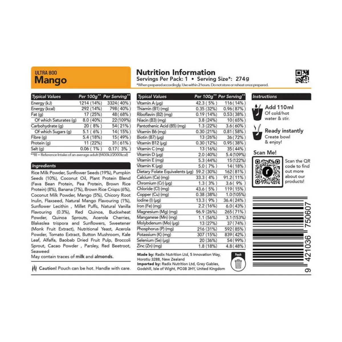 Radix Nutrition Ultra Mango Breakfast - 800kcal